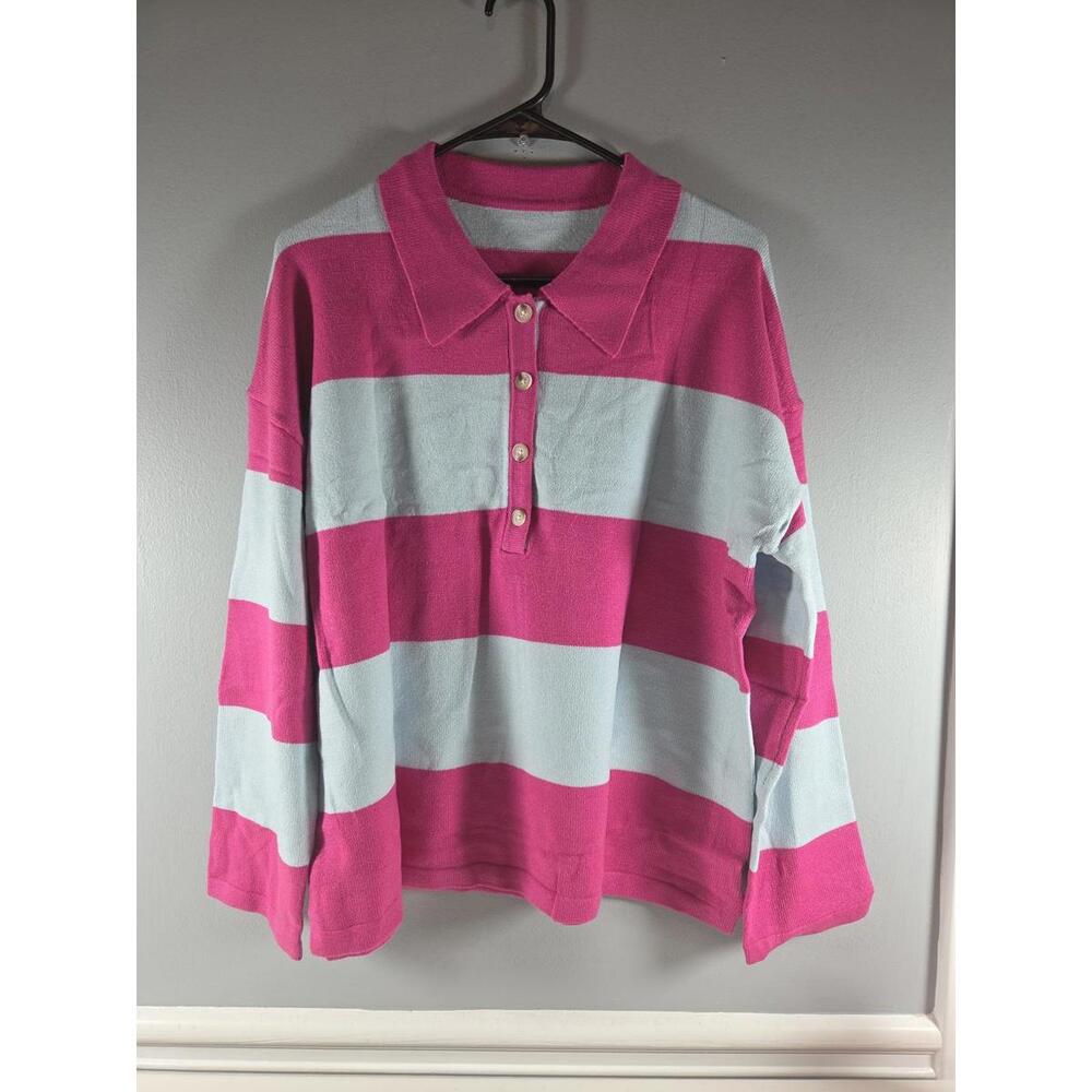 Women's Collared Pullover Sweater Pink & Gray Loose Fit Large NEW!
